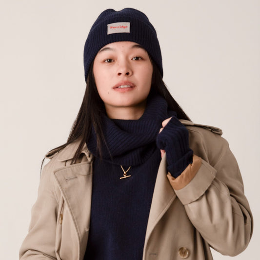 Navy cashmere beanie with matching snood, wrist warmers and classic trench