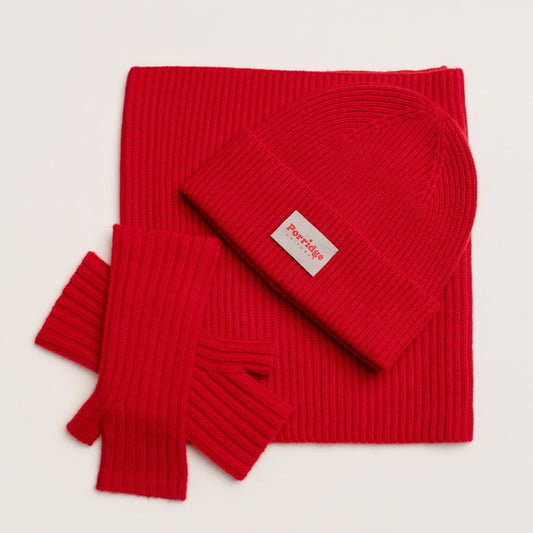 Red Cashmere, hat snood and wrist warmers