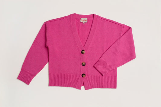 Pink wool and cashmere v neck cardigan with brown tortoiseshell buttons laid flat