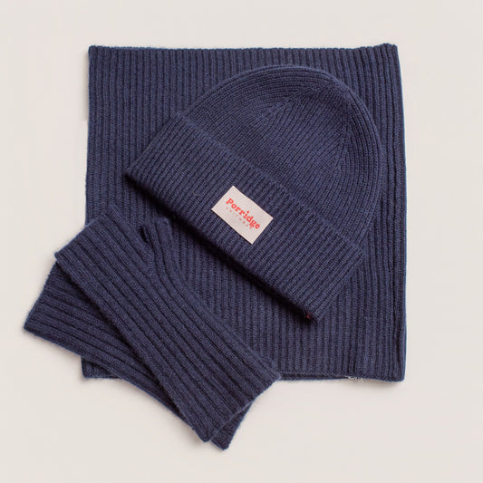 Navy cashmere accessories all matching by Porridge knitwear