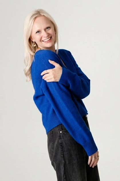Blue Wool Cashmere Cardigan – 70% Wool 30% Cashmere – Lucy style, Porridge Knitwear