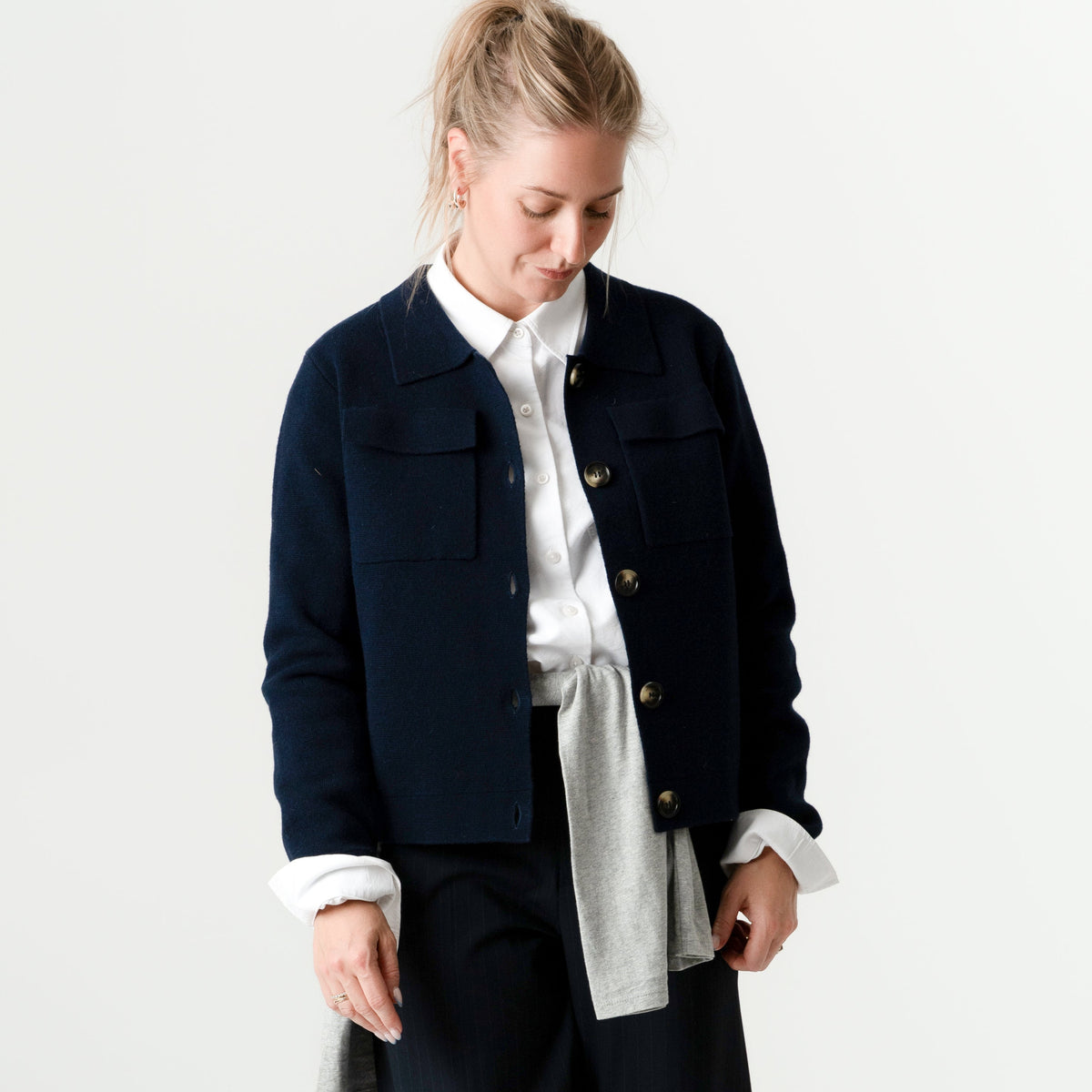 Navy 100% Wool Jacket – Rebecca style, Porridge Knitwear