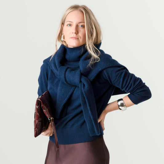 Navy Wool Cashmere Poloneck – 70% Wool 30% Cashmere – Anne style, Porridge Knitwear