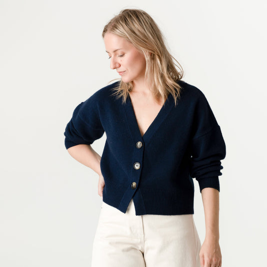 Navy Wool Cashmere Cardigan – 70% Wool 30% Cashmere – Lucy style, Porridge Knitwear
