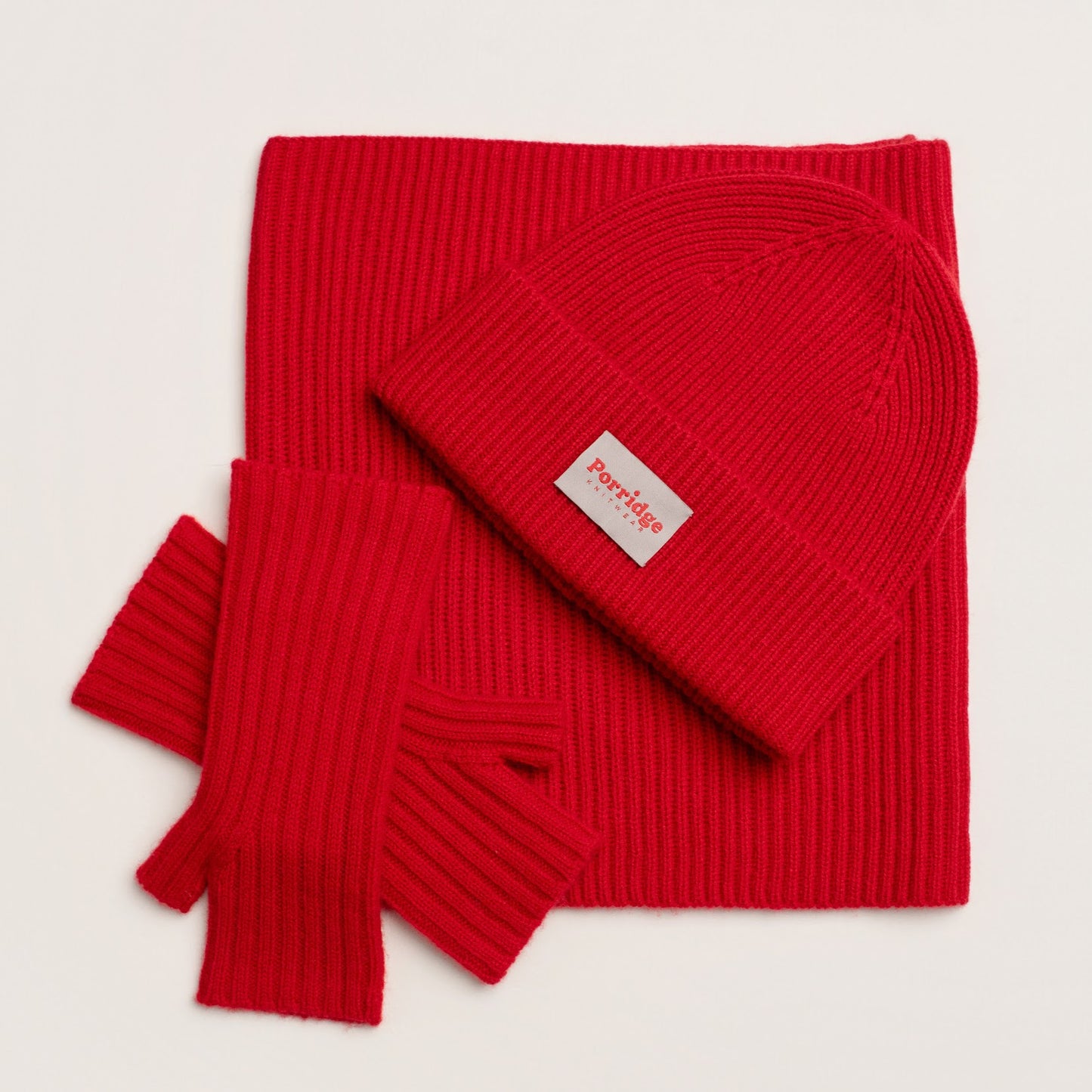 Red Cashmere, hat snood and wrist warmers