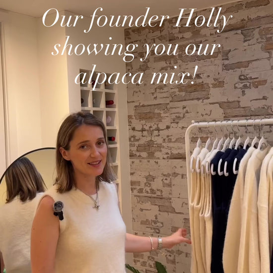 founder Holly Hawthorne wearing a cream alpaca cardigan